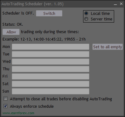 AutoTrading Scheduler - Interface in Dark Mode
